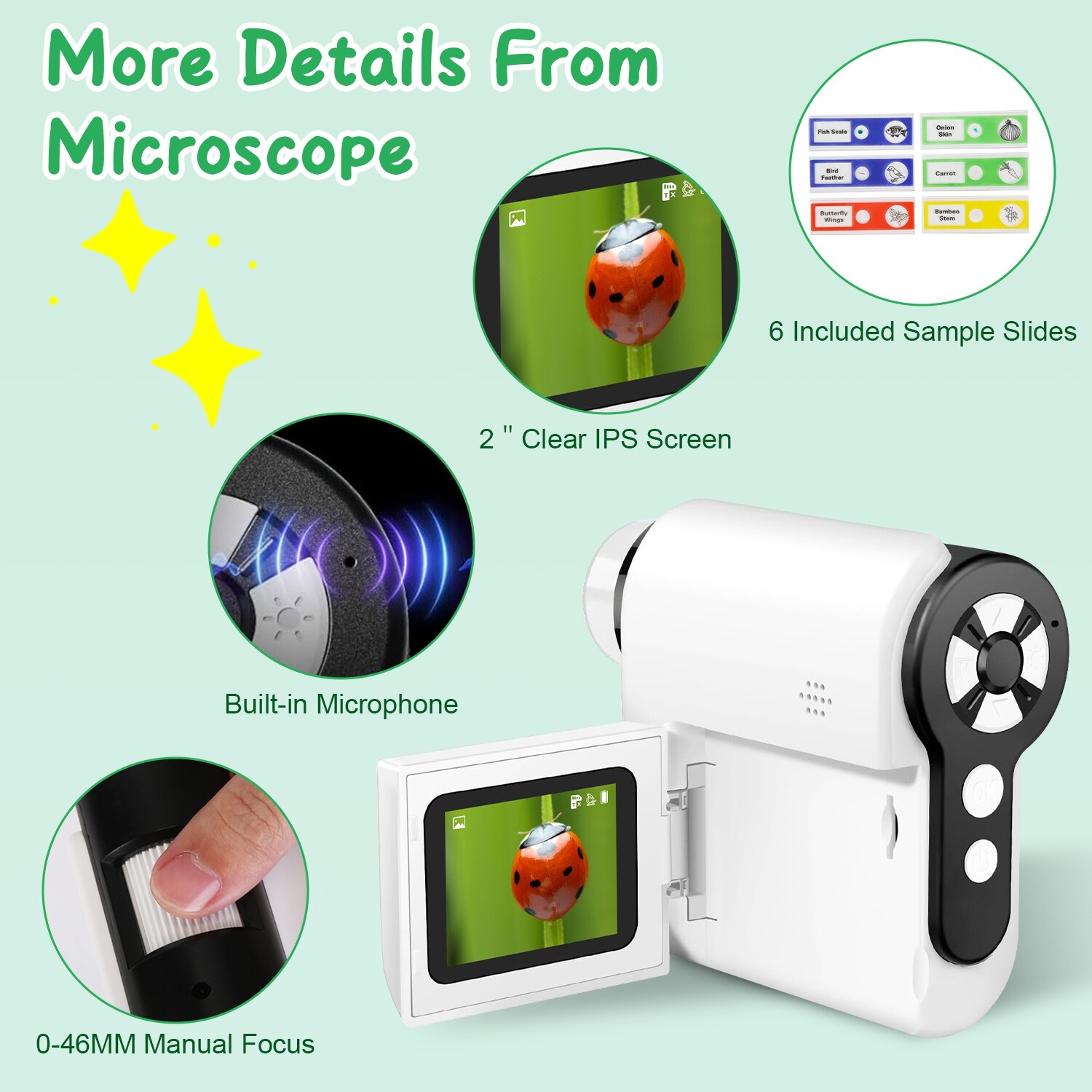 4K Kids Microscope 2″ IPS Screen 1000X Handheld Digital Microscopes 32GB Card