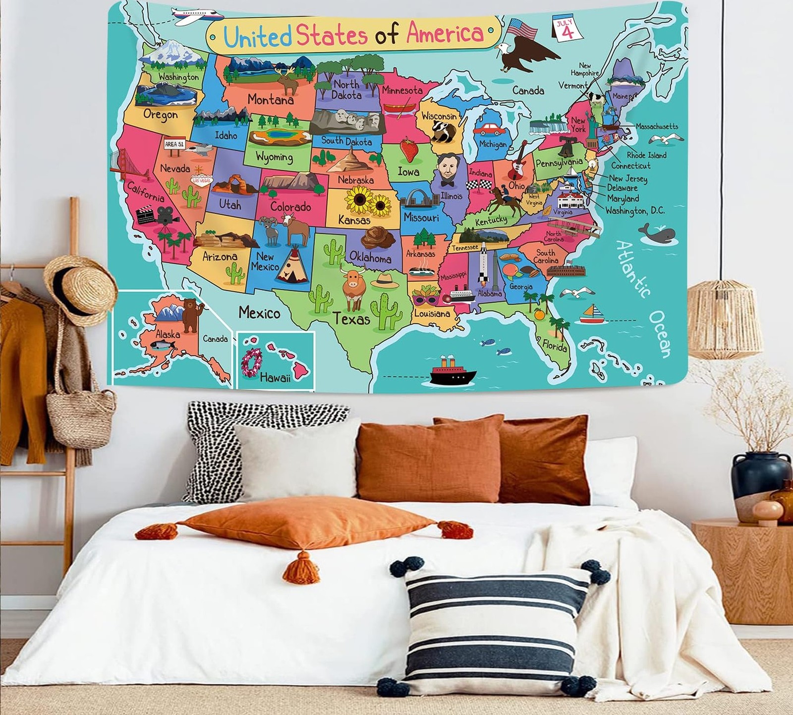 Kids Map of The United States Tapestry, Cartoon Fun Facts Geography USA Ameri…