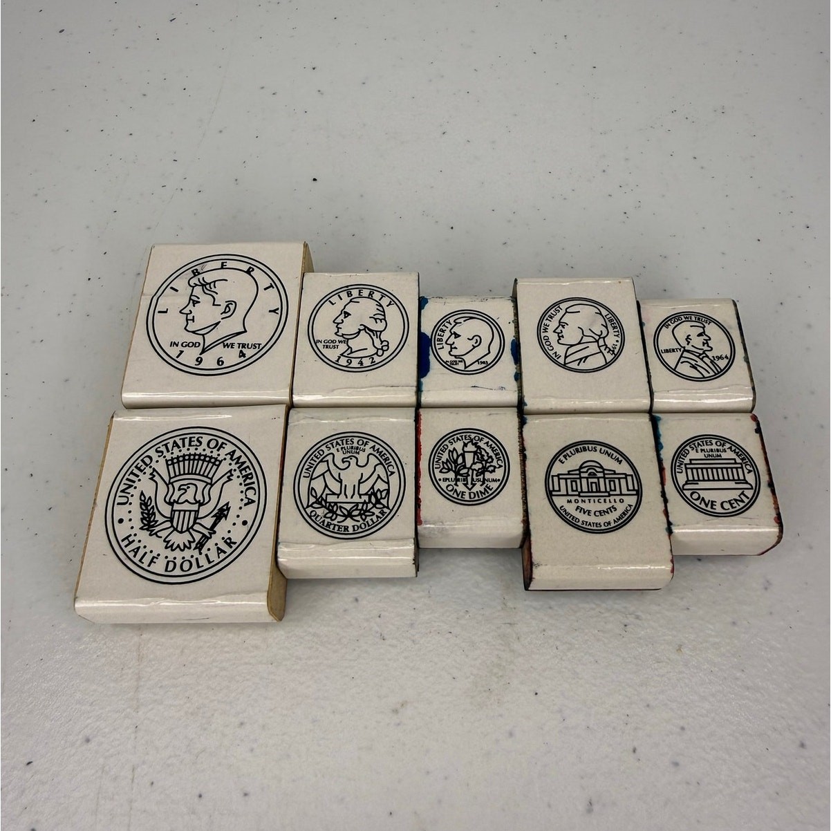Vintage Coin Rubber Stamp Set Kennedy 1/2 Dollar Quarter Dime Nickel Penny 10 Pc