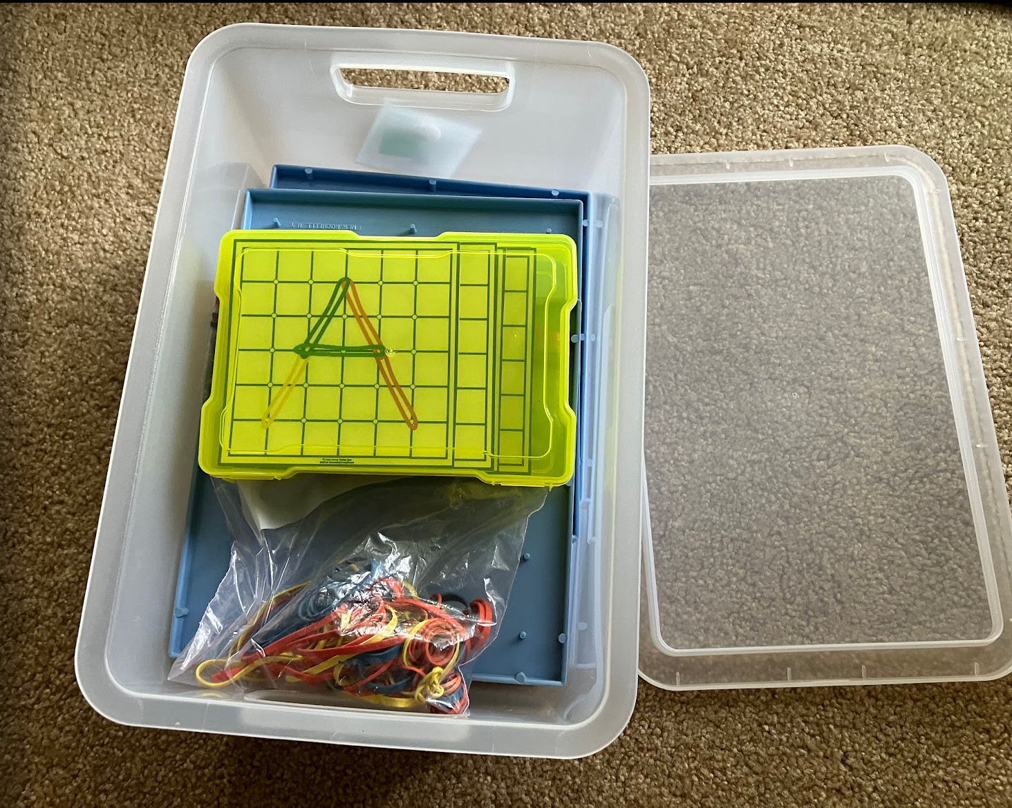 6 Double-sided Geoboards, ABC cards, 2 bins & rubber bands, mini rekenrek