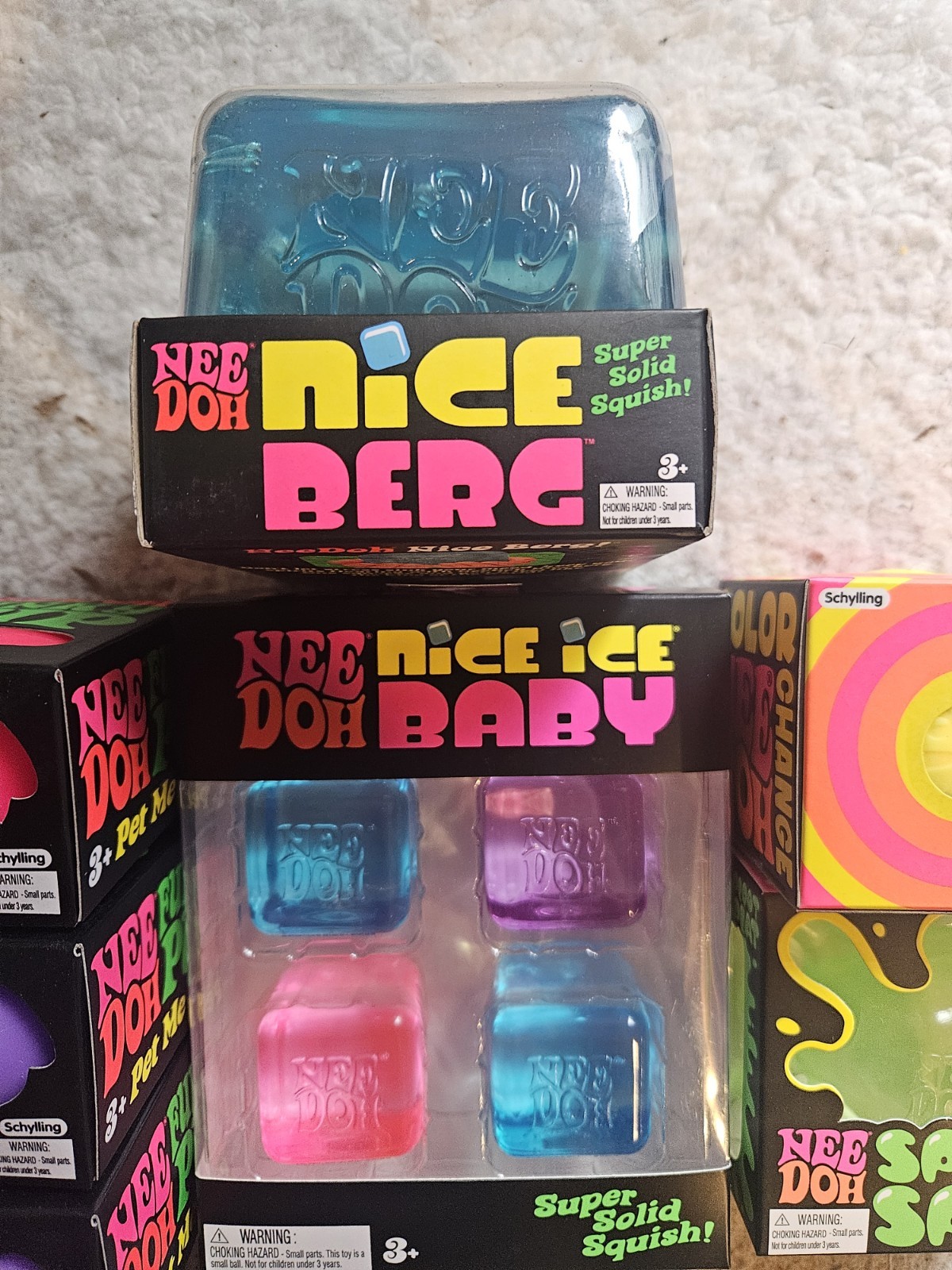 NeeDoh Lot Nice Berg, Funky Pup, Splat, Color Change & Nice Cube 4 Pack.