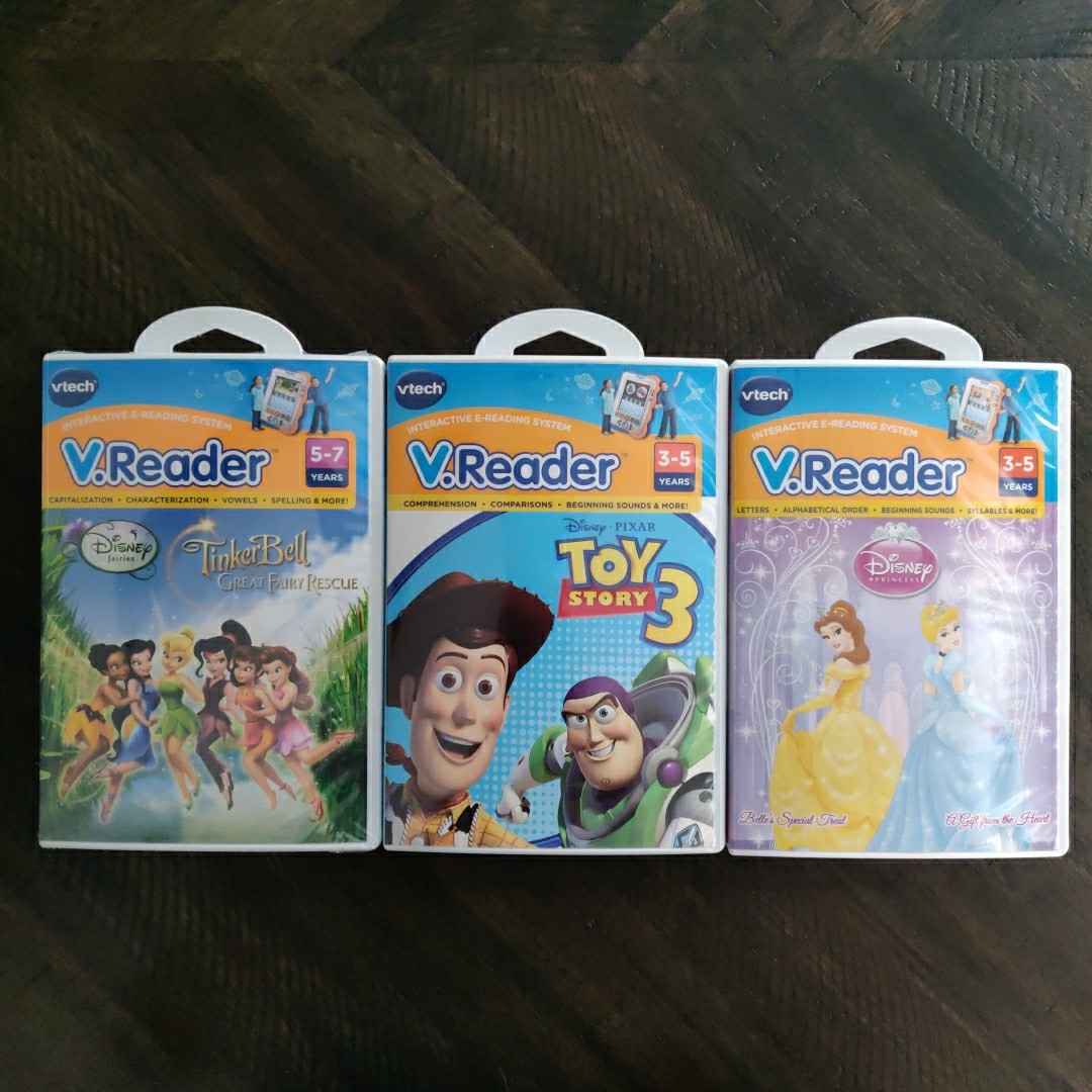 3 VTech V.Reader Toy Story 3 Disney Princess Tinkerbell E-Reading Cartridges