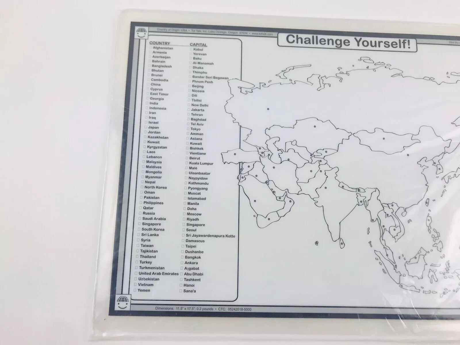 Asia Map Laminated Dry Erase Writable Washable Educational Placemat 11.5″x17.5″