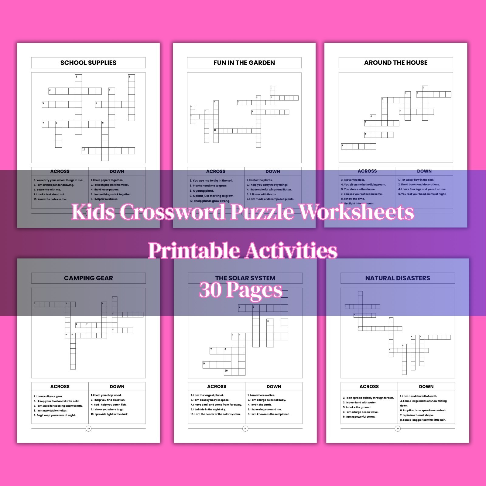 Kids Crossword Puzzle Worksheets | Printable Activities | Digital Download