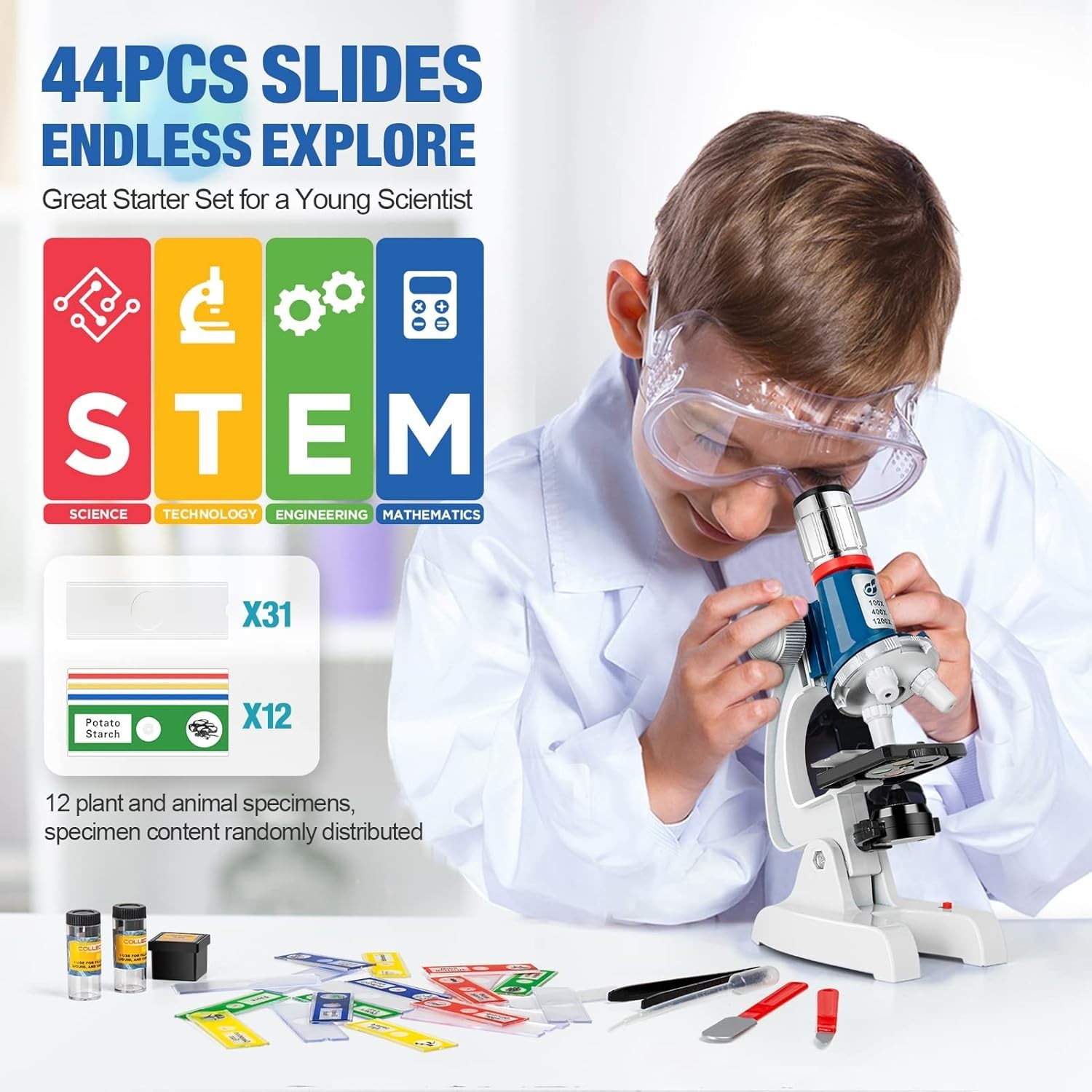 58-Piece Kids Microscope Kit – 100X-1200X Magnification, Metal Body, LED Ligh…