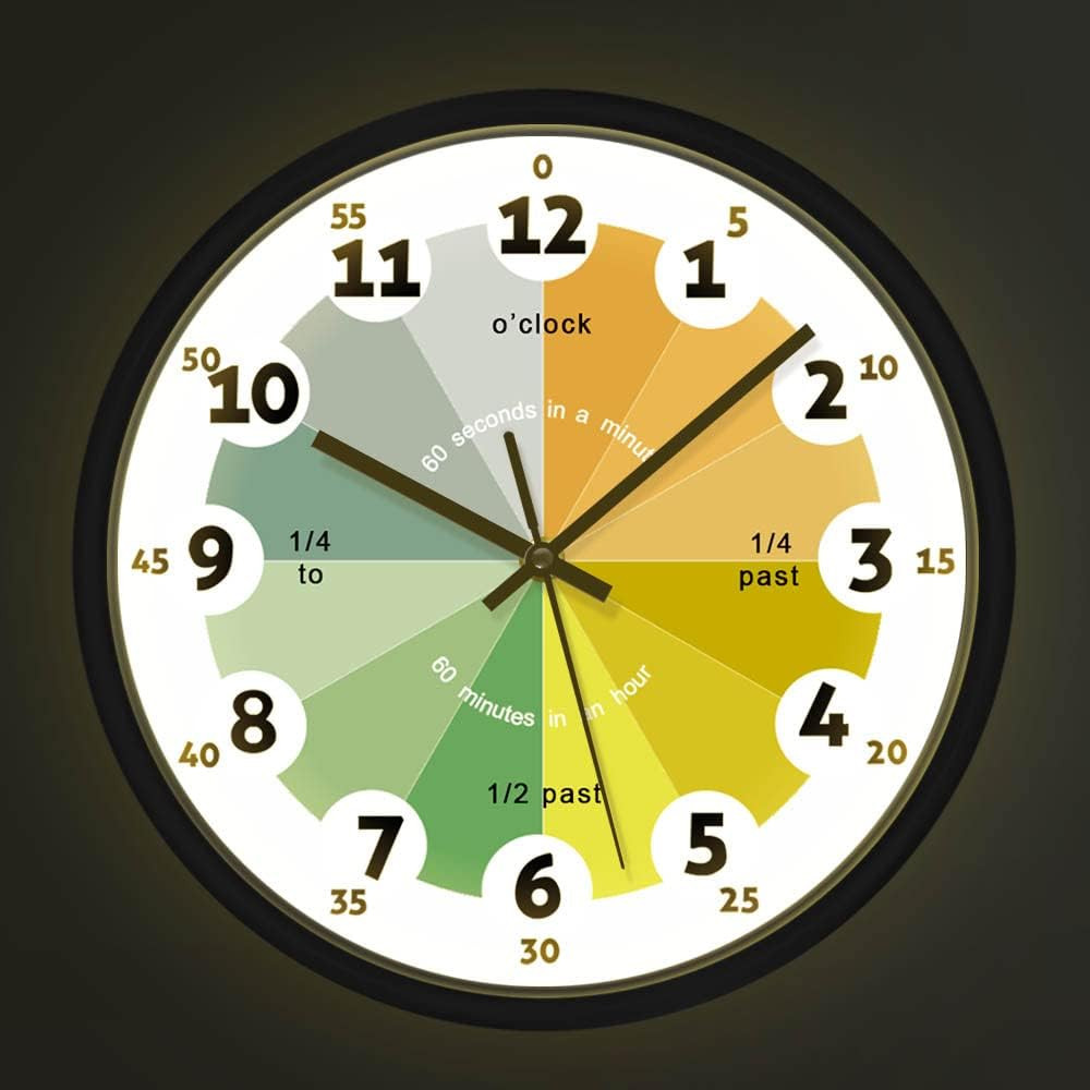 How to Tell Time Learning Silent Quartz Clock,Voice Control LED Night Light,Home