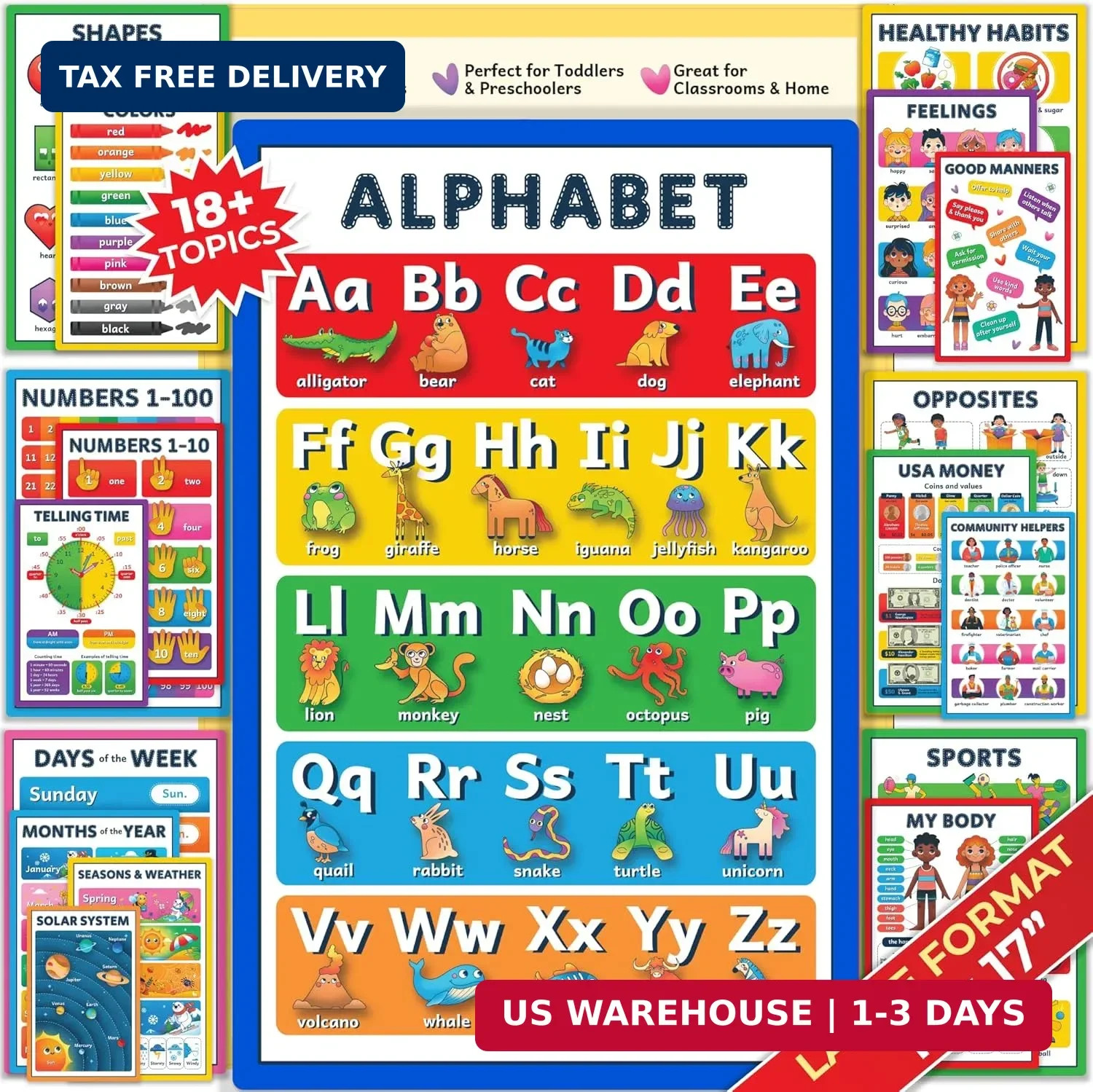 RYVE Educational Posters for Kids – 18 Laminated Preschool Posters for Classroom