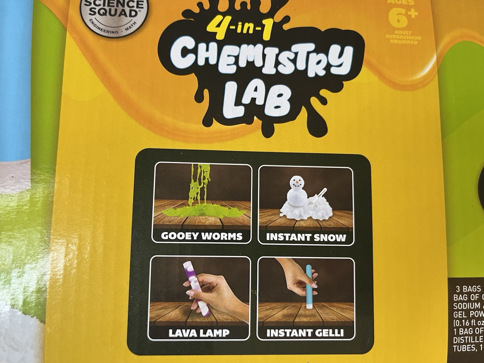 Science Squad 4-in-1 Chemistry Lab Kit Gooey Worms Snow Lava Lamp Gelli Ages 6+