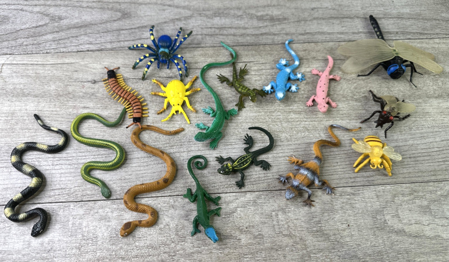 Lot Of 16 Unmarked Plastic PVC Bug Insect Snakes Lizard Toys