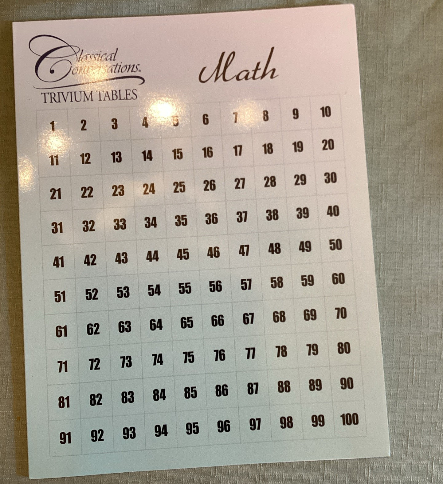 Classical Conversations Math Trivium Tables 1-100 Chart Ages 8-16 Years