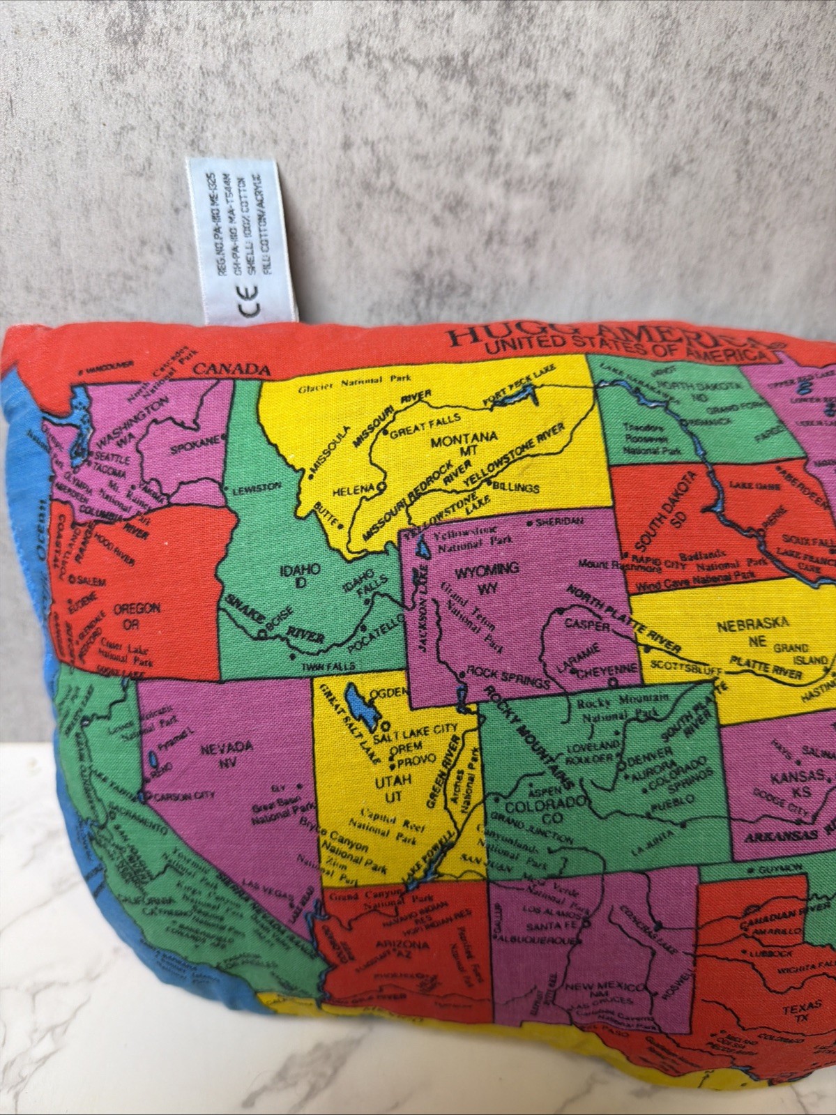 Vintage 1990 Hugg-A-Planet HUGG AMERICA Political Map Plush Pillow Educational