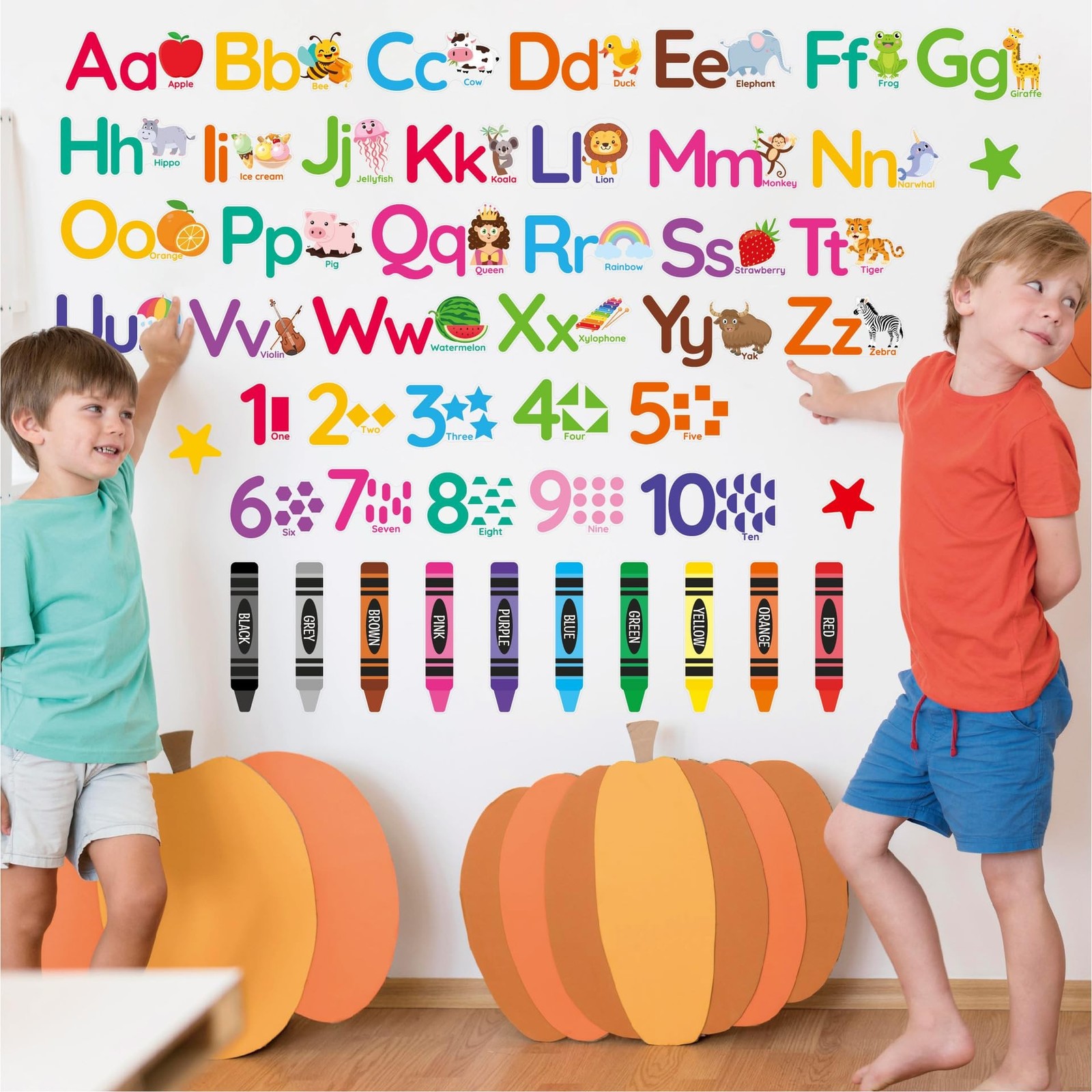 Animal Alphabet Numbers Wall Decals – 6 Sheets 55 Pcs Colorful Educational Wa…