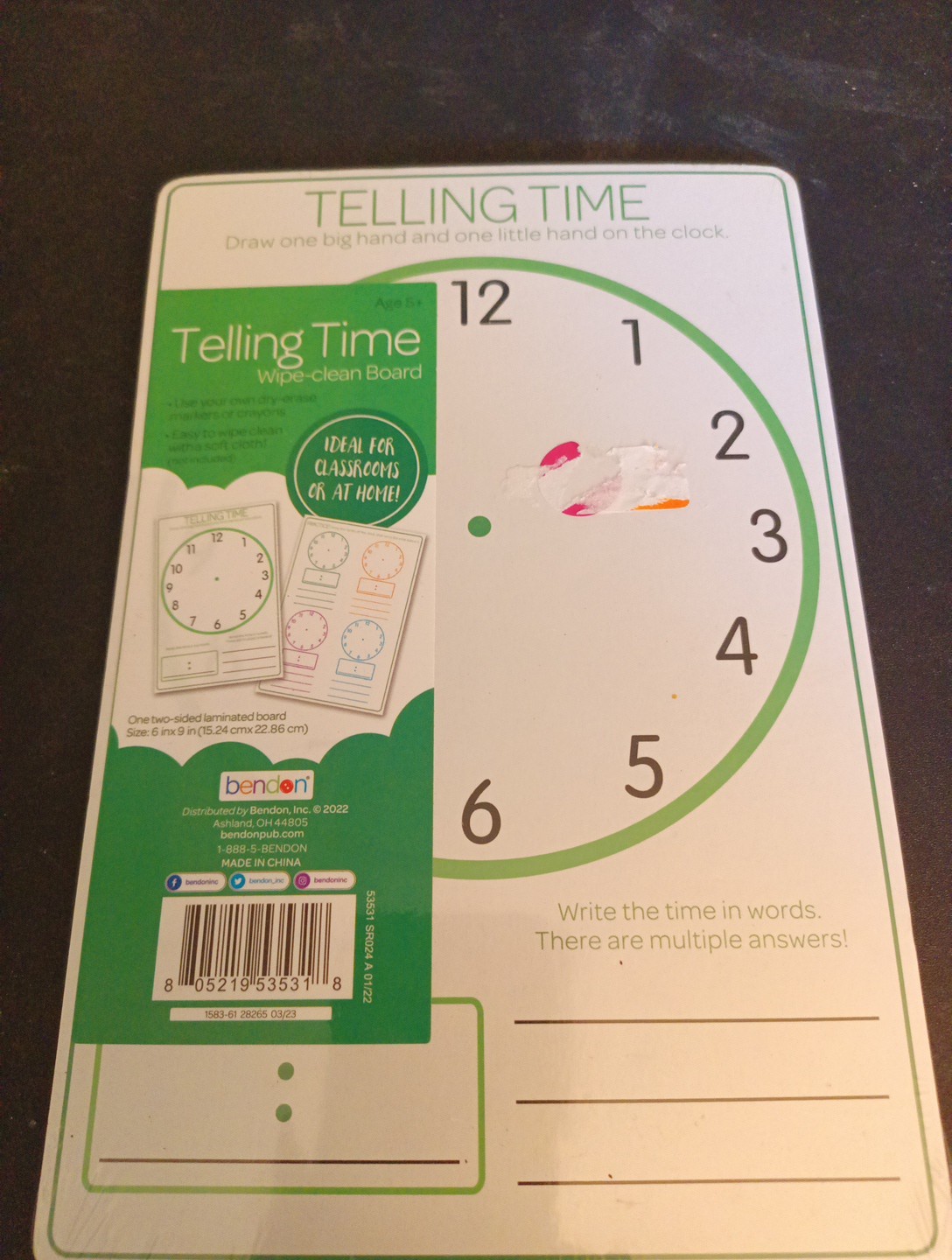 Bendon Telling Time dry erase board, 2 Sided, 6inch.x 9inch.- NEW Homeschool