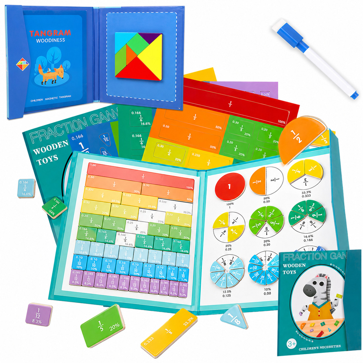 Montessori Magnetic Fraction Demonstration Book Educational Puzzle Math For Kids