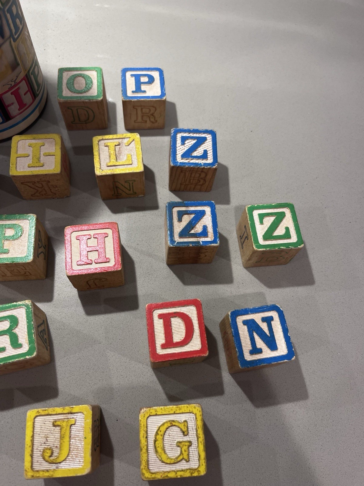 Playskool Letter Wood Blocks Set in Original Canister Blue Lid MPN 226