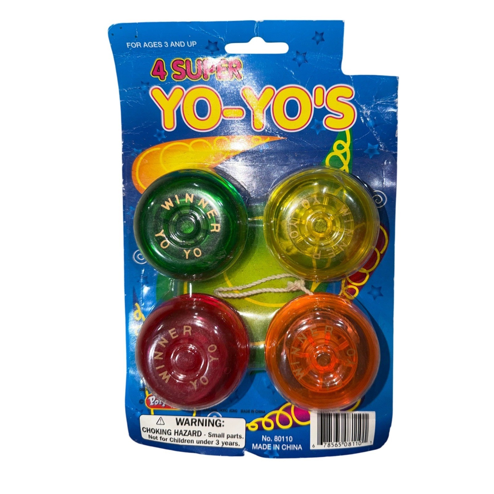 Super Yo-Yos Set of 4 Colorful Plastic YoYo Toys on Card