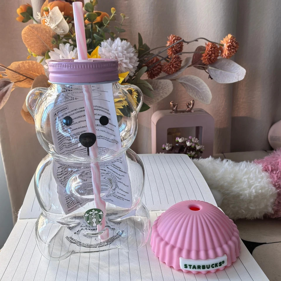 Starbucks Bearista Pink Bear Glass Tumbler Cold Cup with Straw 20oz 591ml