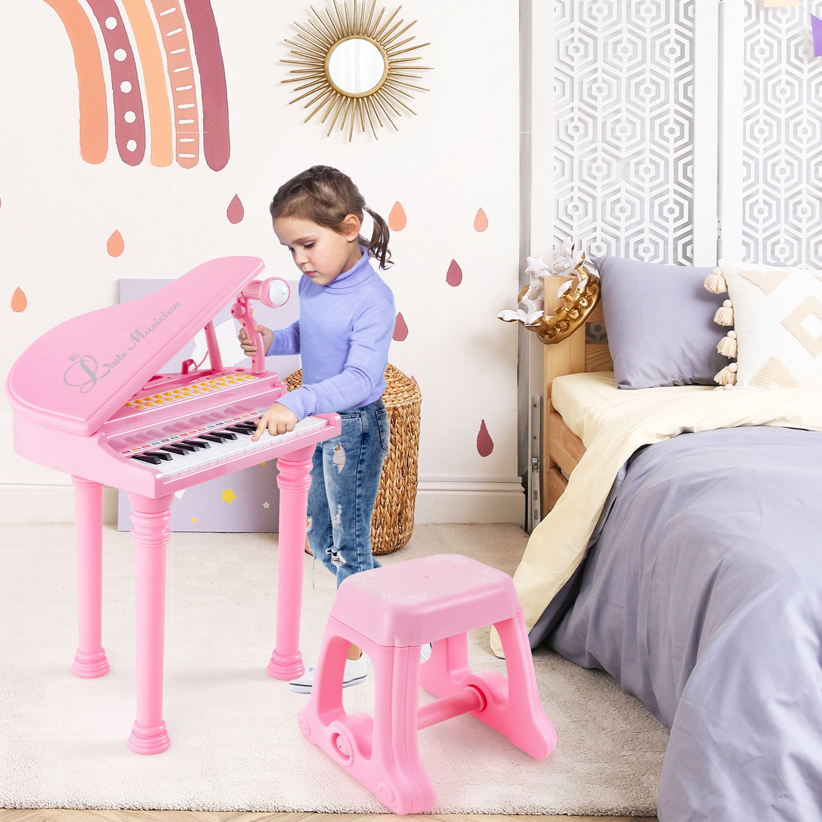 31 Keys Kids Piano Keyboard Toy Toddler Musical Instrument w/ Stool & Microphone
