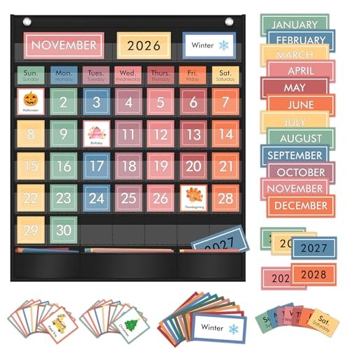 Pocket Chart with 97 Educational Cards, Large 20″x23.6″ Rainbow Calendar