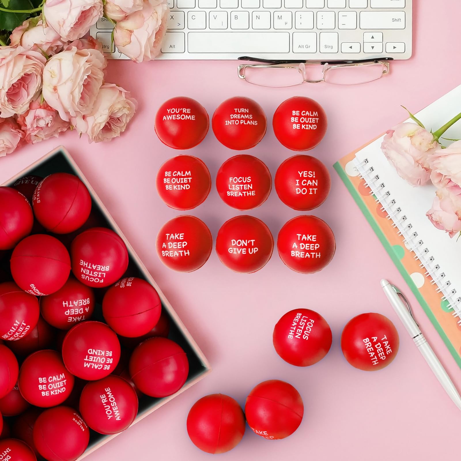SHQDD 100PCS Motivational Stress Balls for Adults and Kids – 1.57 inches, Red