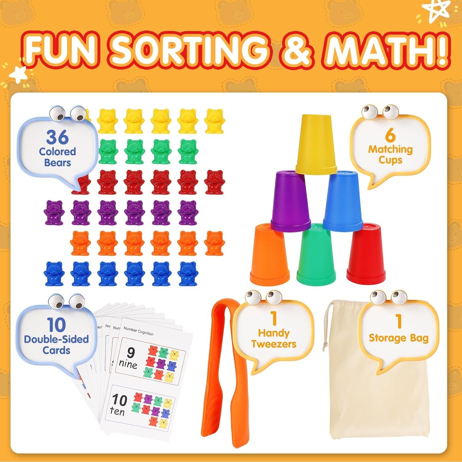 Counting Bears with Matching Sorting Cups, Preschool Learning Toys Color Reco…