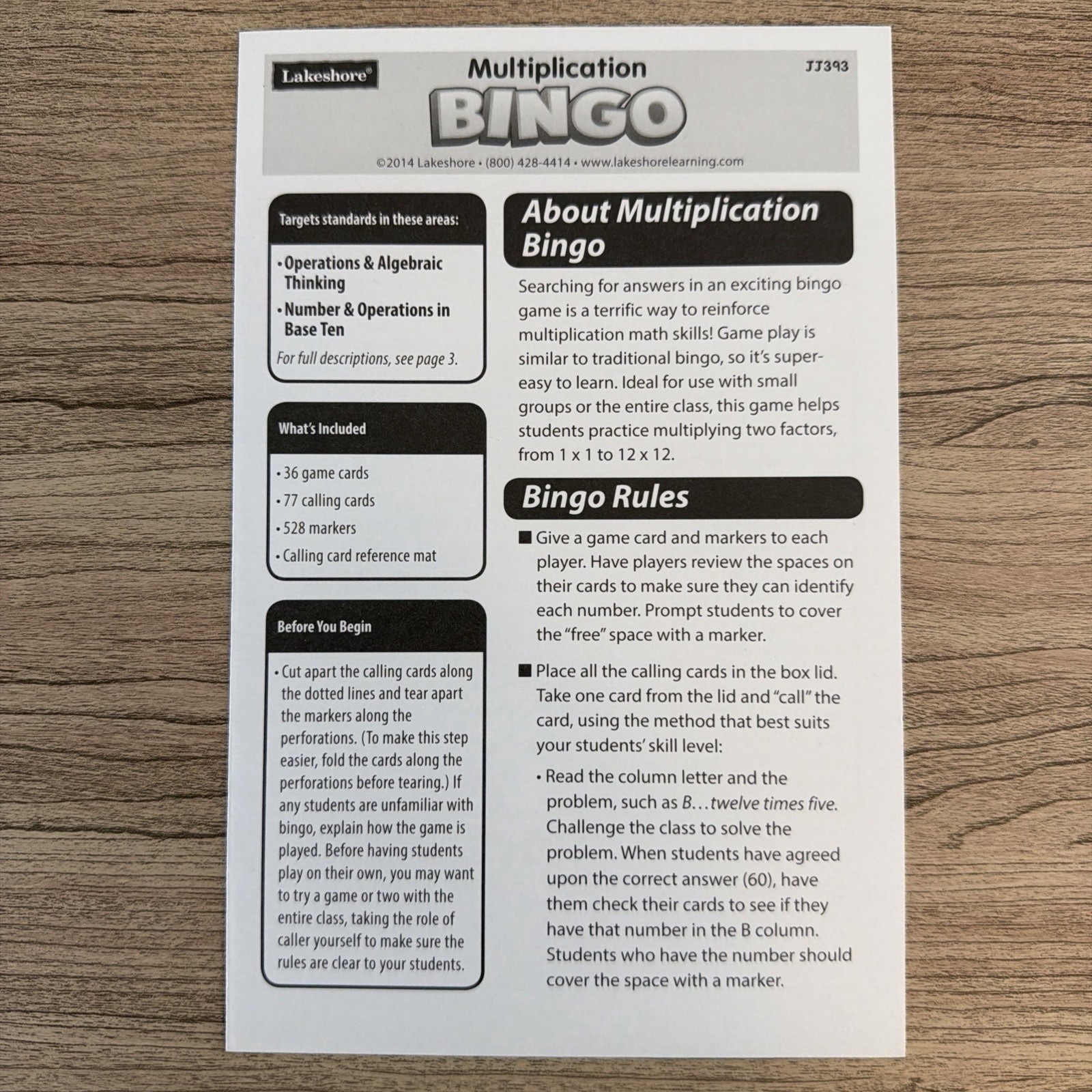 Multiplication BINGO Lakeshore Game Grades 3-4 Up To 36 Players Gently Used
