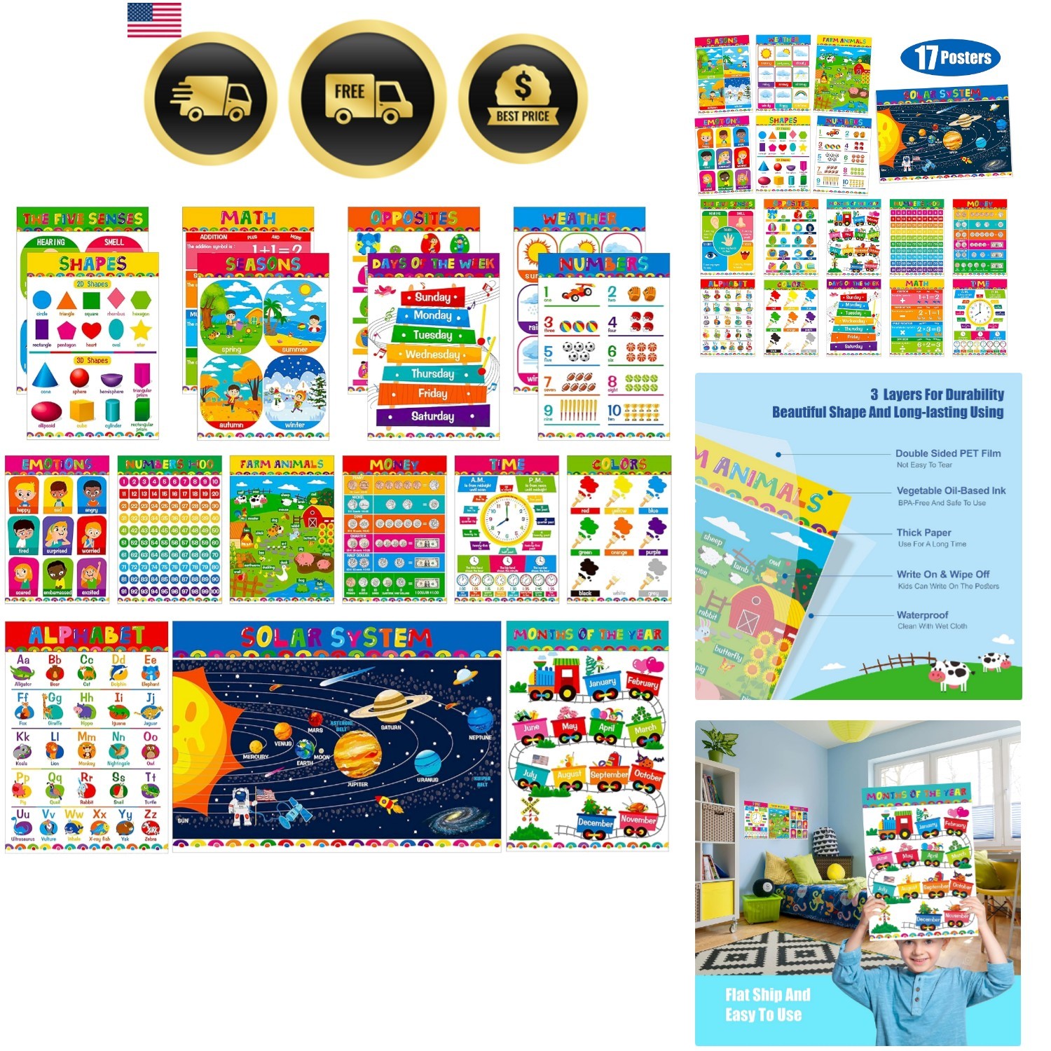 17 Packs Educational Poster, PET Film Covered Preschool Learning Tools for Nu…