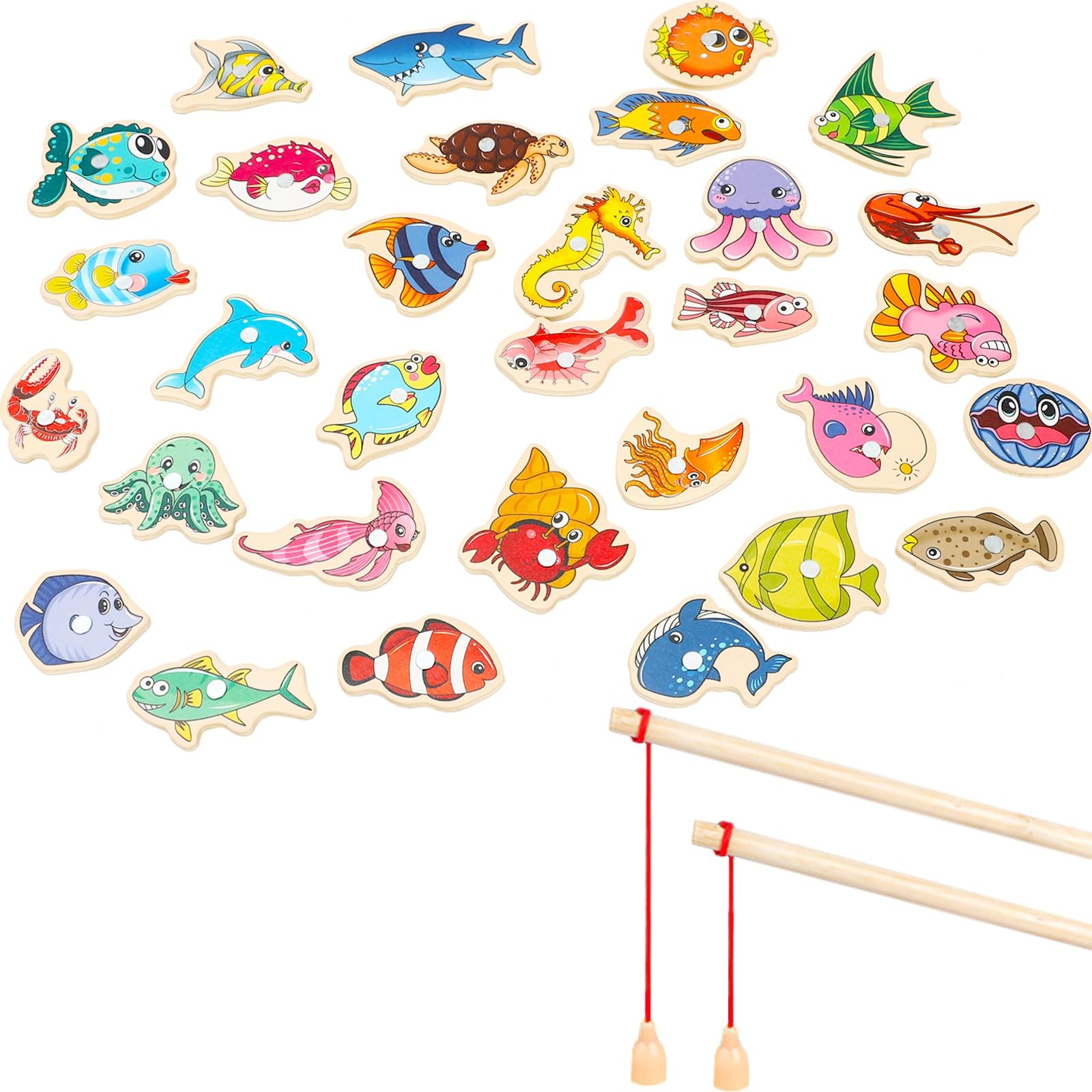 ONEST 34 Pieces Magnetic Fishing Game for 3x4x0.2 inches, Classic Marine Fish