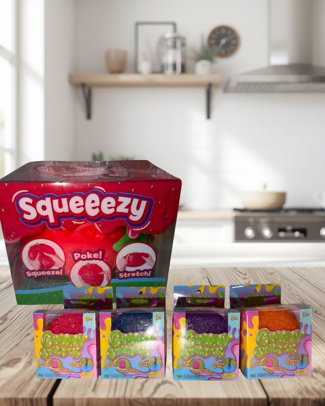 Sunny Days Jumbo Squeezy Strawberry Squishy Sensory & 4 Piece Gummy GumDrops Set