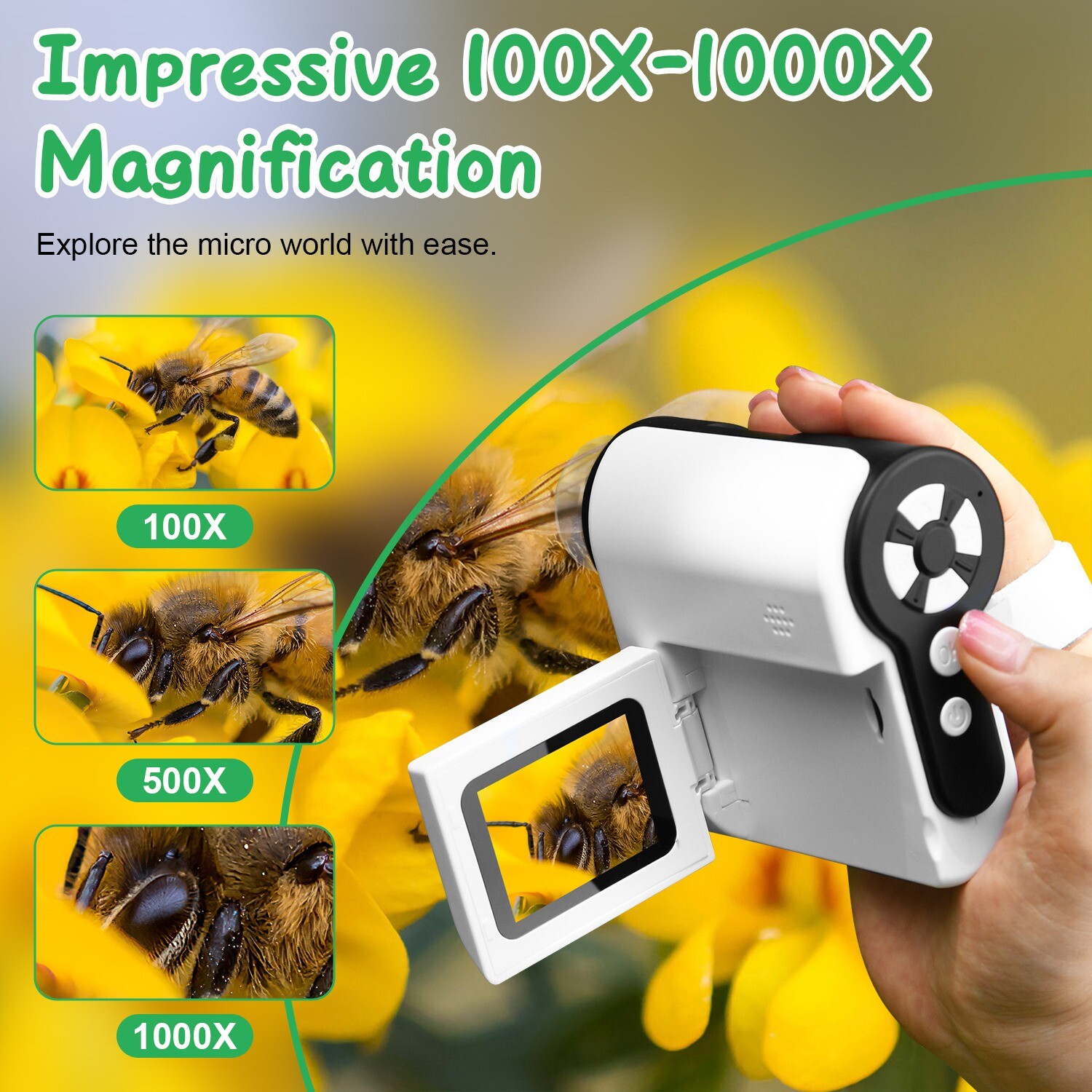 4K Kids Microscope 2″ IPS Screen 1000X Handheld Digital Microscopes 32GB Card