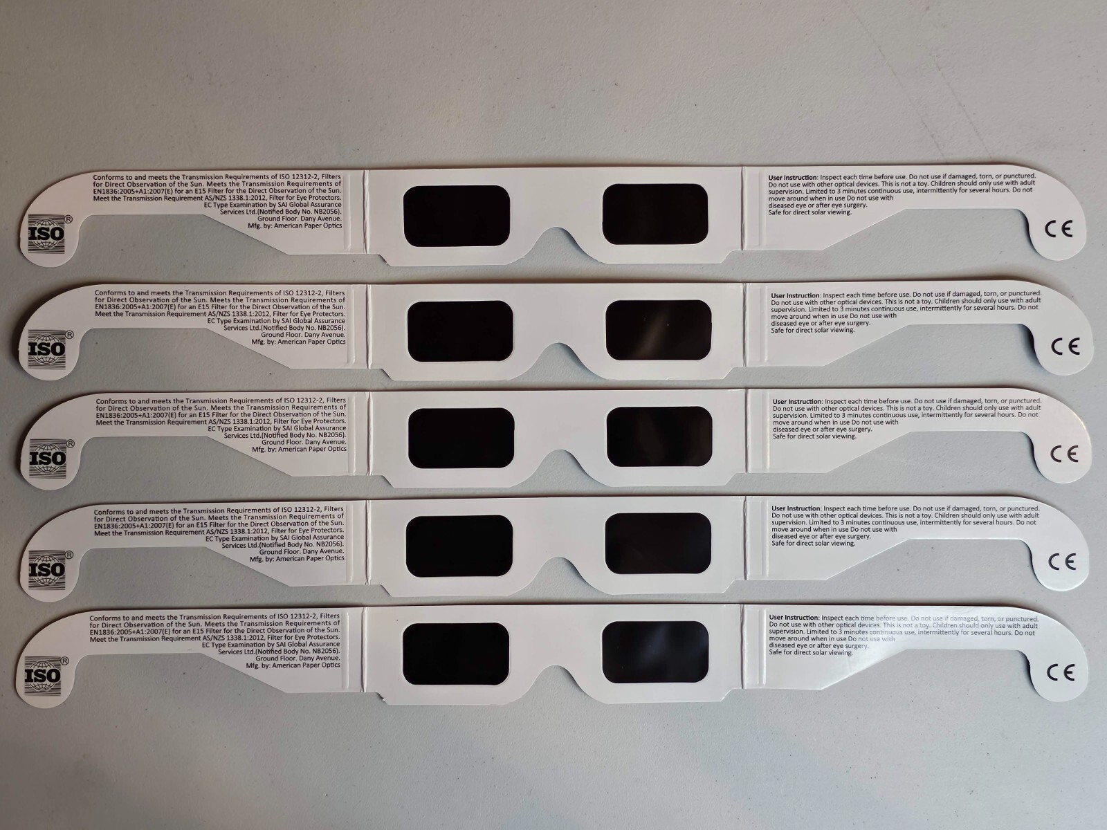 5 Pair Solar Eclipse Glasses ISO Certified Safe Plastic Packaging USA Free Ship
