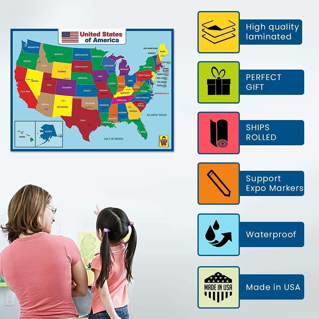 United States Map Laminated Poster – Educational Dry Erase Double Side