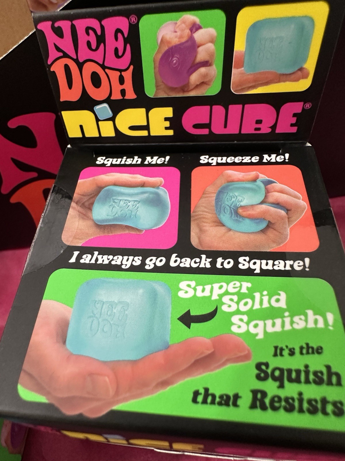 Nee Doh Nice Cube Super Solid Squish Sensory Squeeze Toy Blue Pink or Purple
