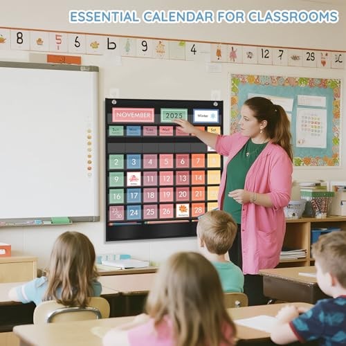 Pocket Chart with 97 Educational Cards, Large 20″x23.6″ Rainbow Calendar