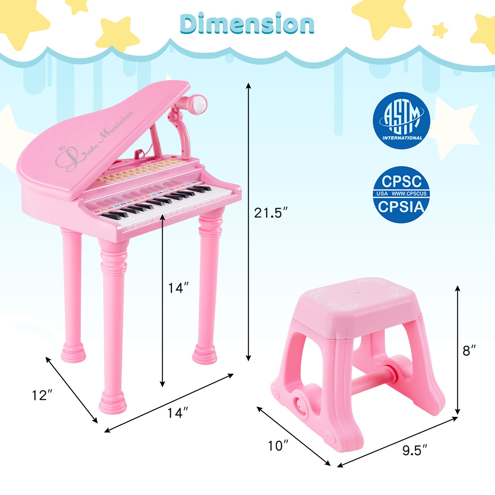 31 Keys Kids Piano Keyboard Toy Toddler Musical Instrument w/ Stool & Microphone