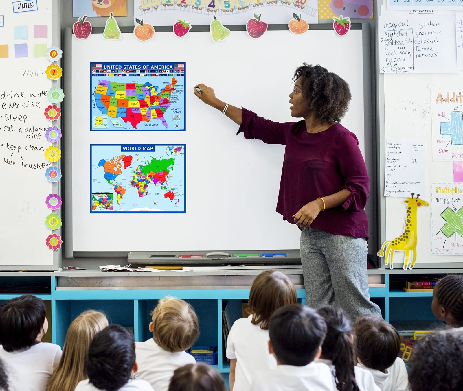 Educational World Map & US Map Poster + Solar System – Laminated 14×19.5″ – Clas