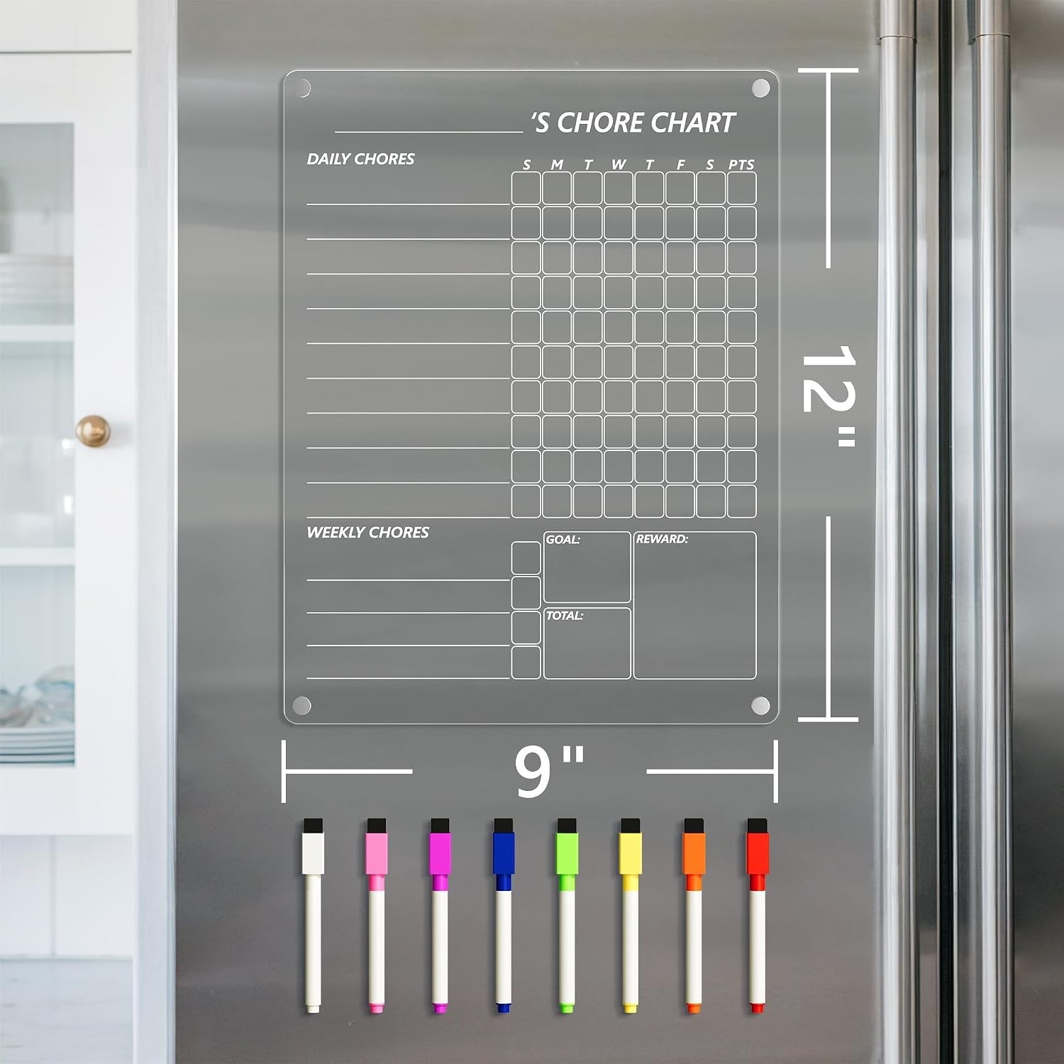 Acrylic Fridge Chore Chart w/ 8 Color Markers – 12″x9″ Easy Erasing Board