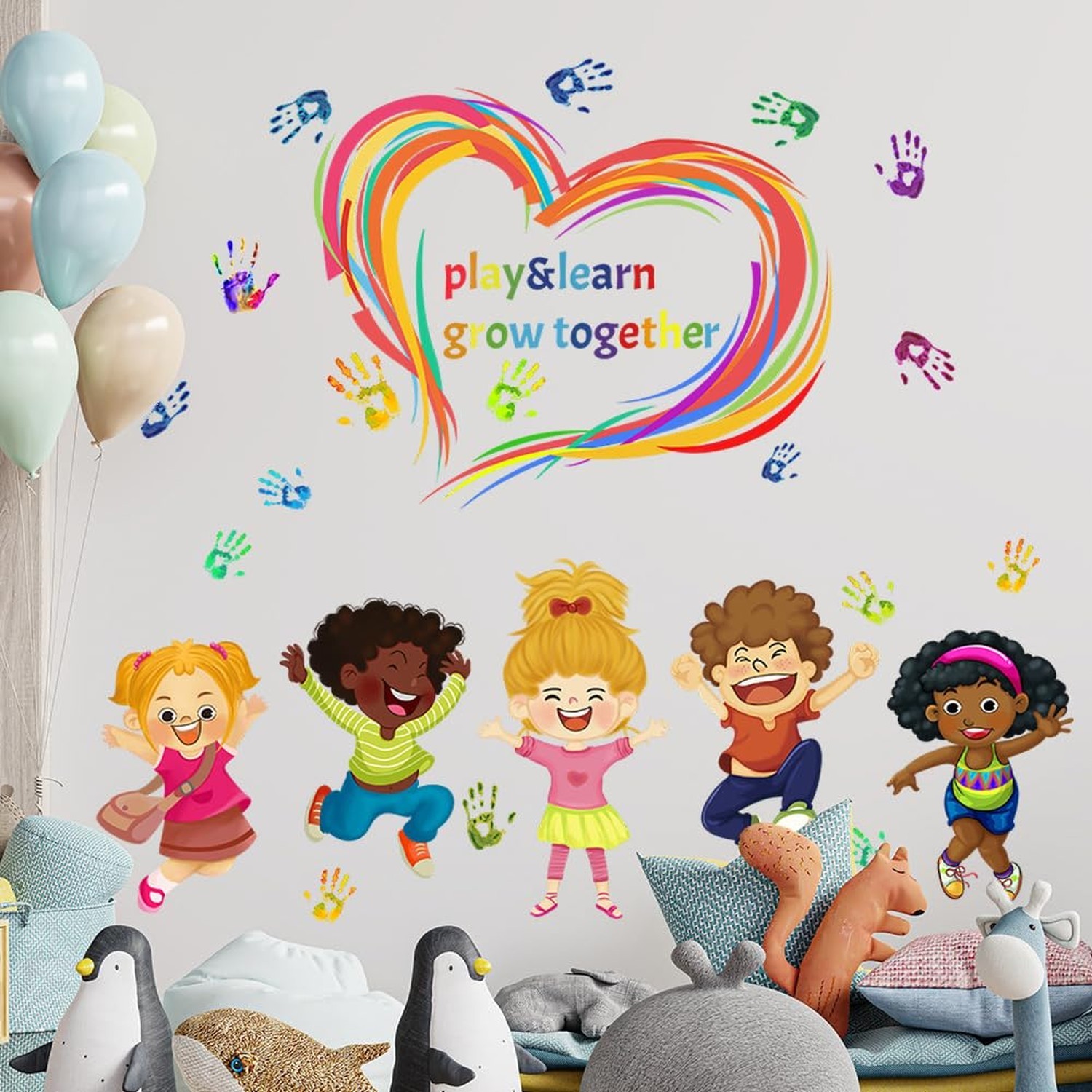 Play Learn & Grow Together Wall Decals Kids Inspirational Quotes Handprint Wa…
