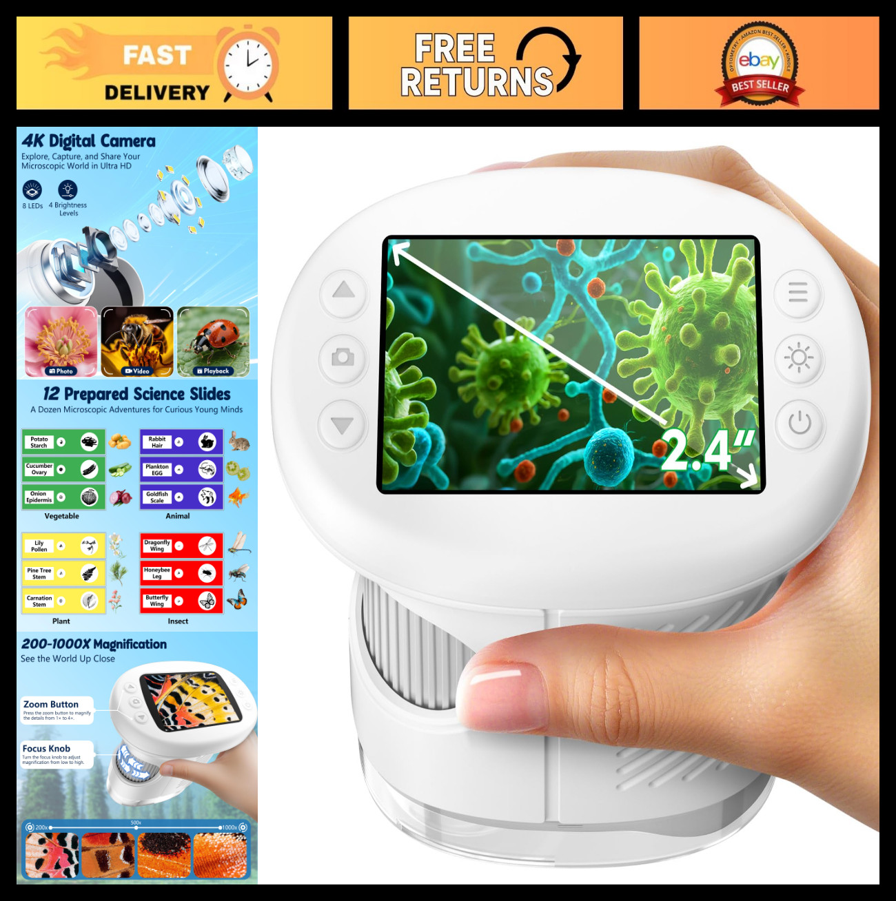 4K Digital Microscope 1000X for Kids, Portable 2.4″ Screen, Explore Bugs & Plant