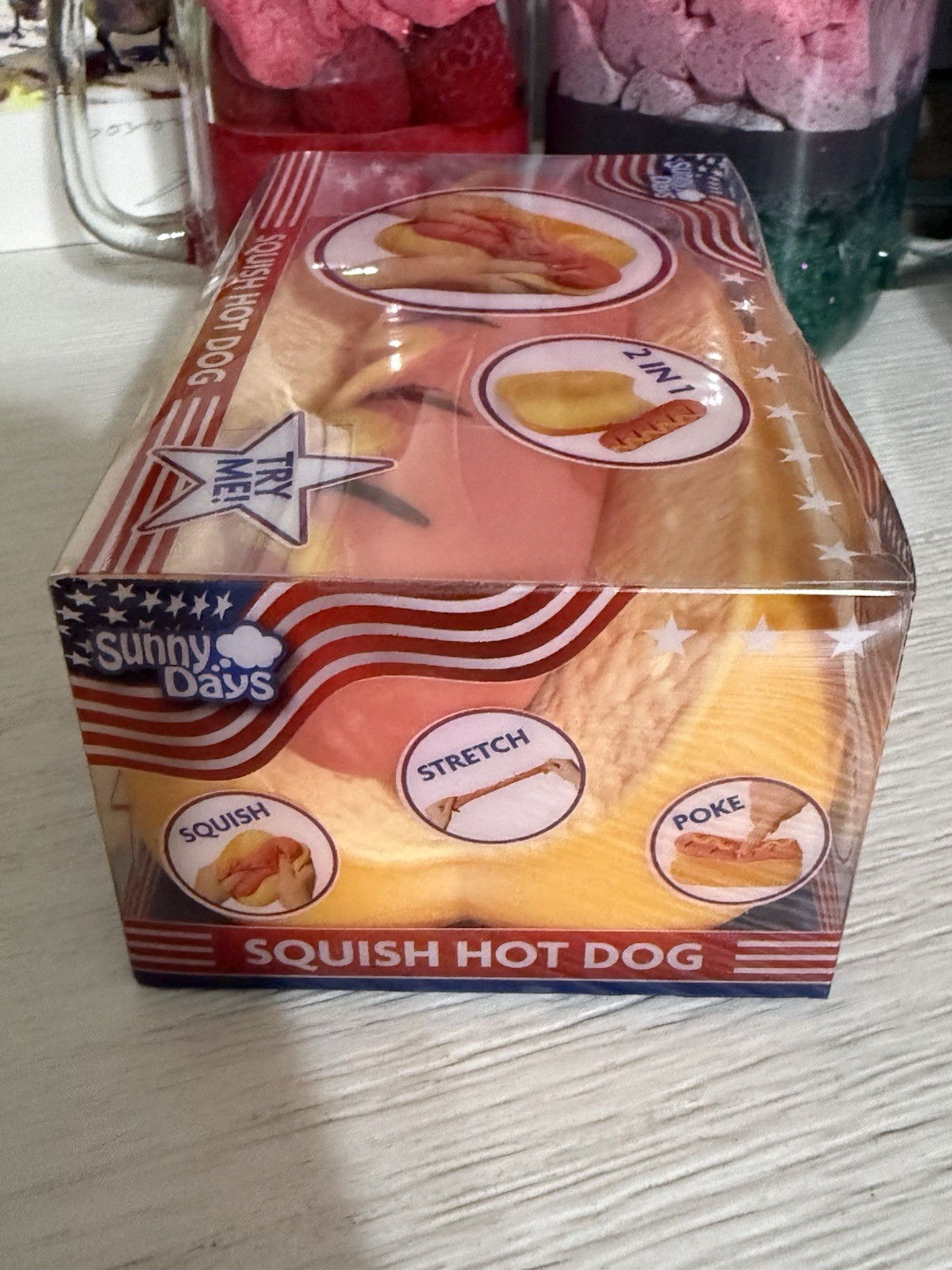 Squishy Hot Dog Squeezy Fidget Toy Sunny Days 2-in-1 Hotdog Stress Relief NEW