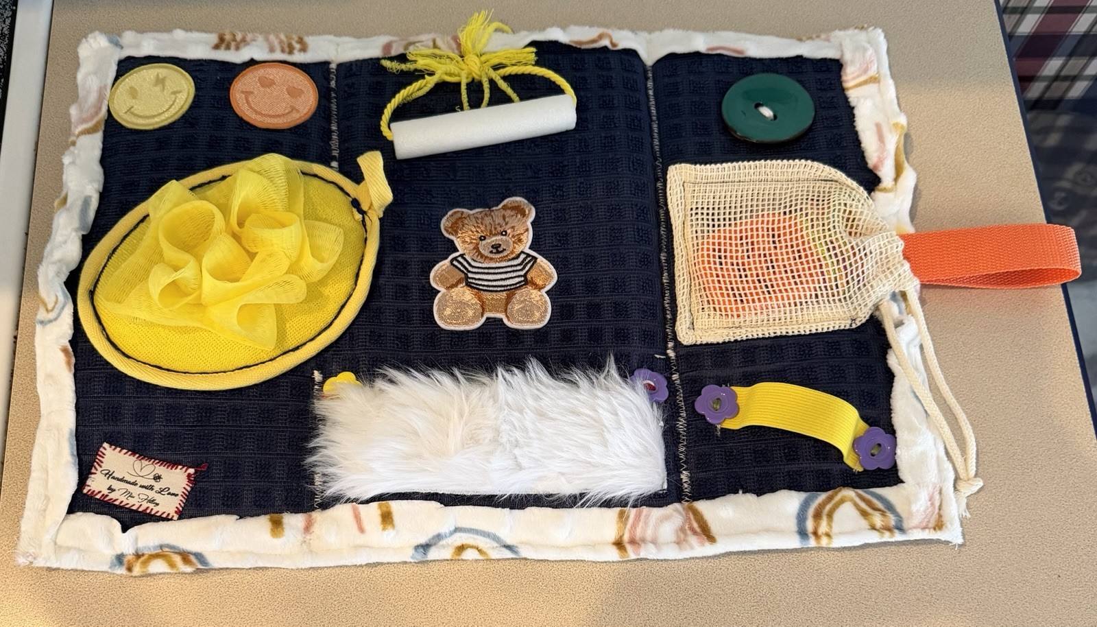 Autism Sensory Activity Mat Teddy Bear Patch Textures Bells Mesh Pocket 18×12″