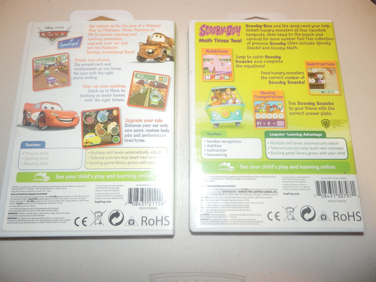 Disney Pixar Cars & Scooby-Doo! Leapster Learning Games Leapfrog Lot of 2