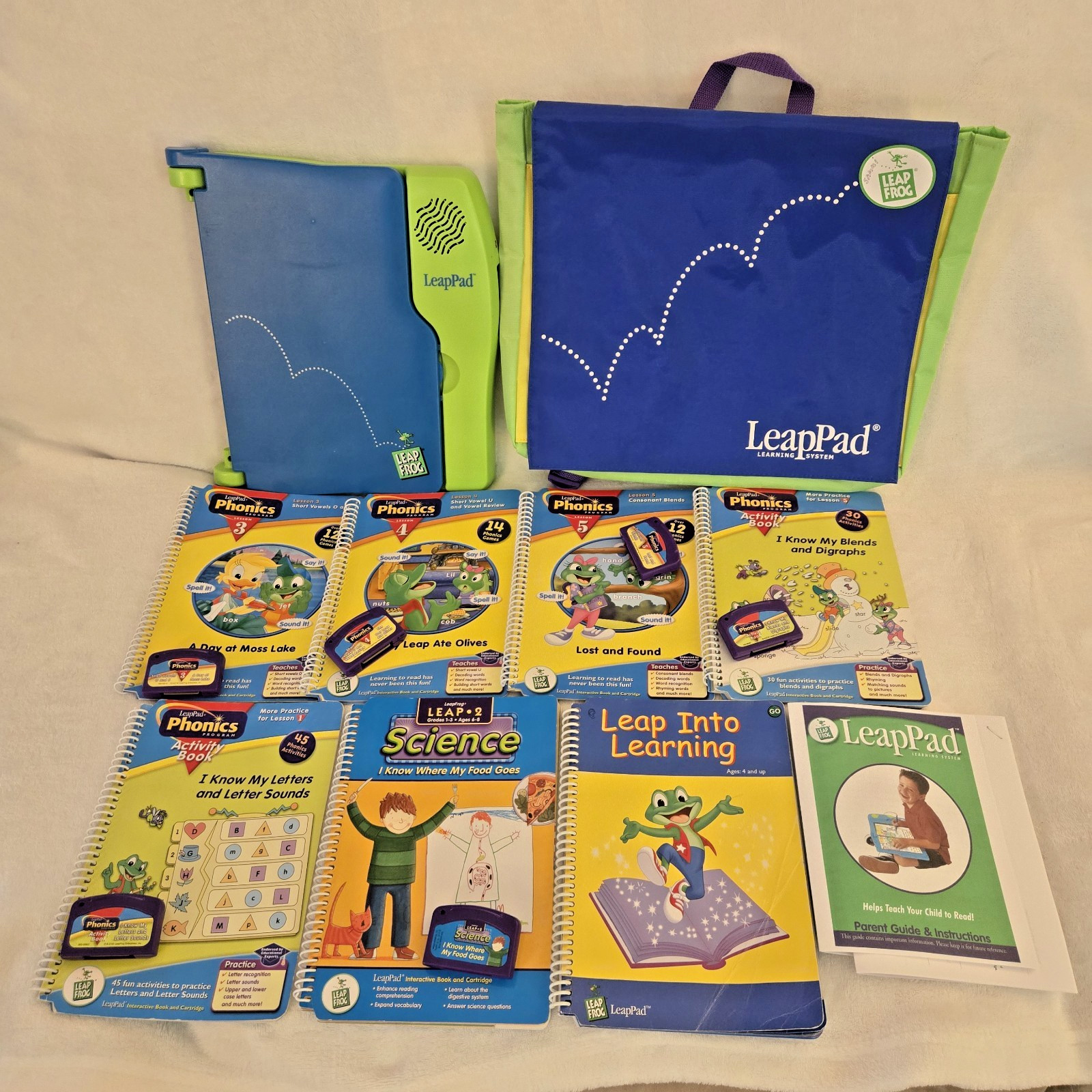 Leap Frog Leap Pad Blue Green 7 Books & 6 Cartridges Backpack Tested