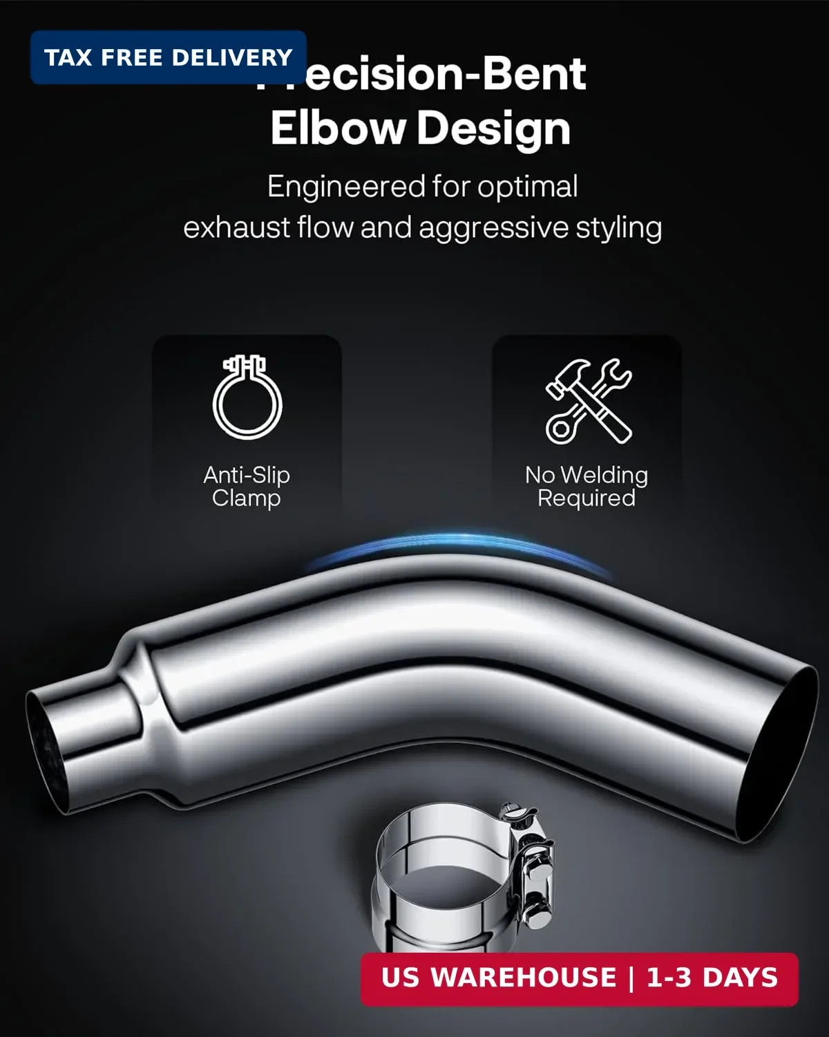 4 to 6 Inch Exhaust Elbow with Clamp, 4″ Inlet 6″ Outlet Chrome Diesel Exhaust T