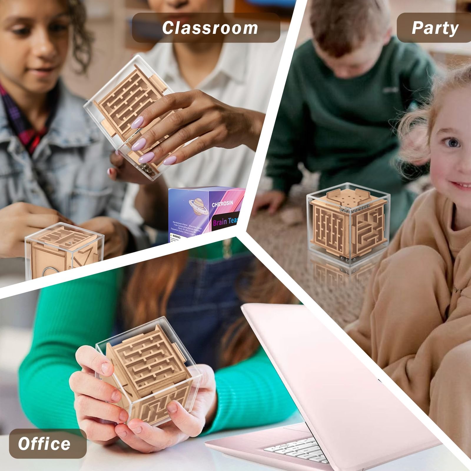 6-Sided Wooden Game Fidget Puzzle Cube Brain Teaser Toy For Kids And Adults