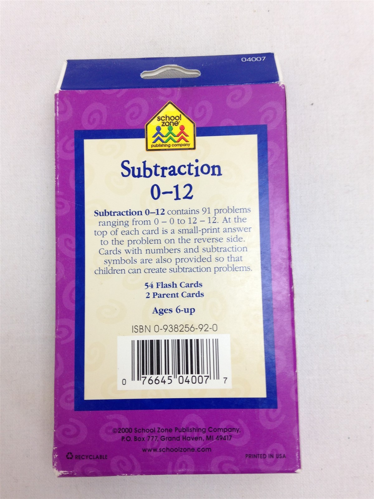 School Zone Subtraction 0-12 Flash Cards Ages 6 and Up 1st Grade 2nd Math Game