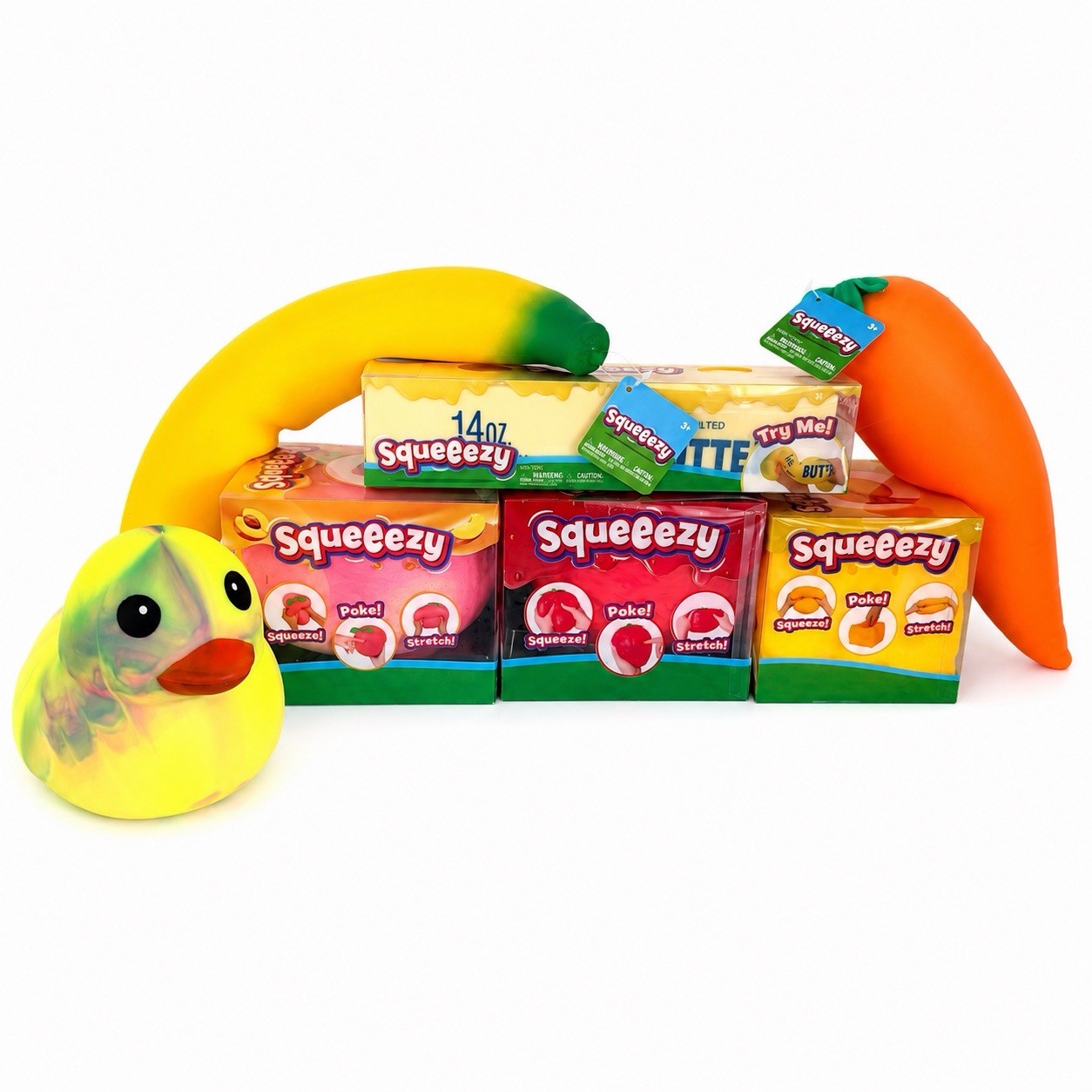 Sunny Days Squeezy Jumbo Banana Carrot Butter Cheese Peach Strawberry Duck Lot 7