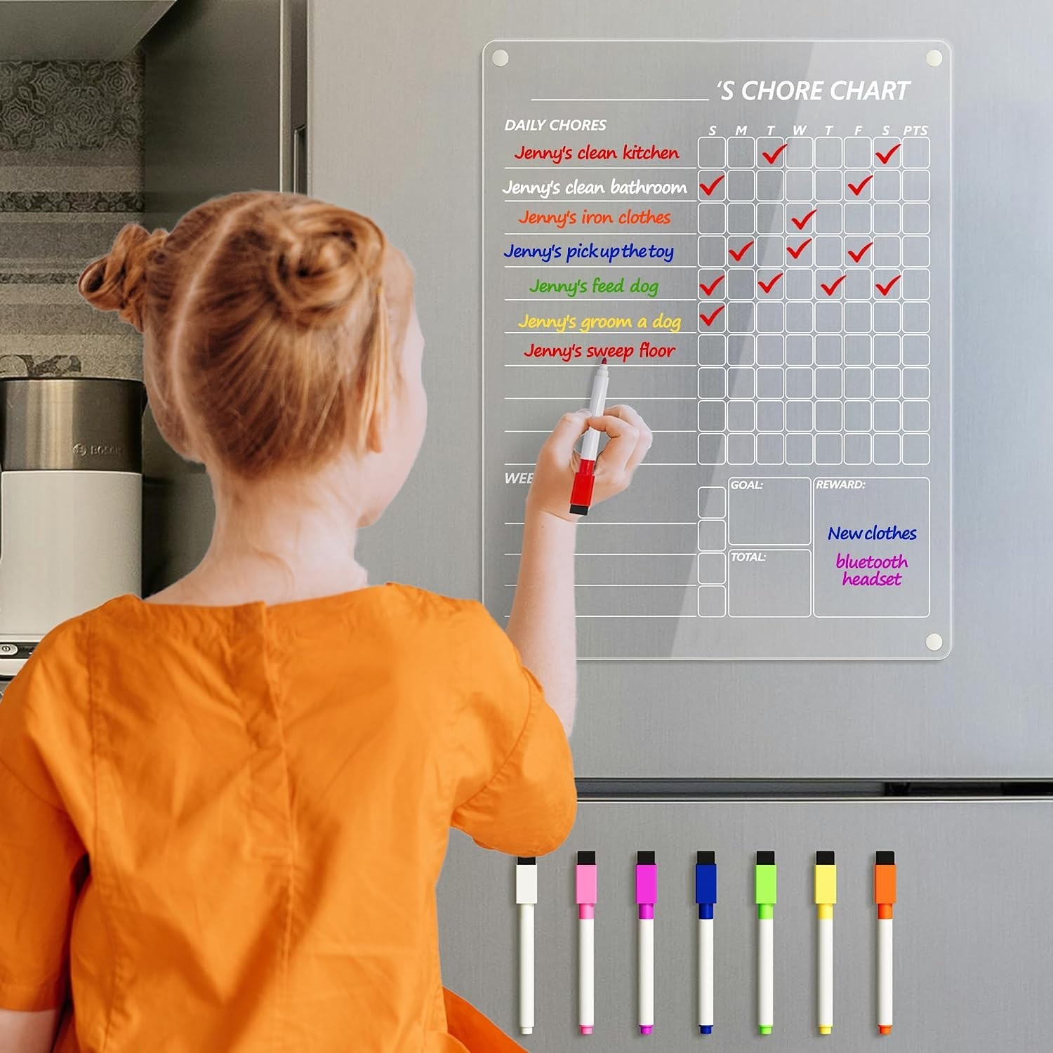 Acrylic Fridge Chore Chart w/ 8 Color Markers – 12″x9″ Easy Erasing Board