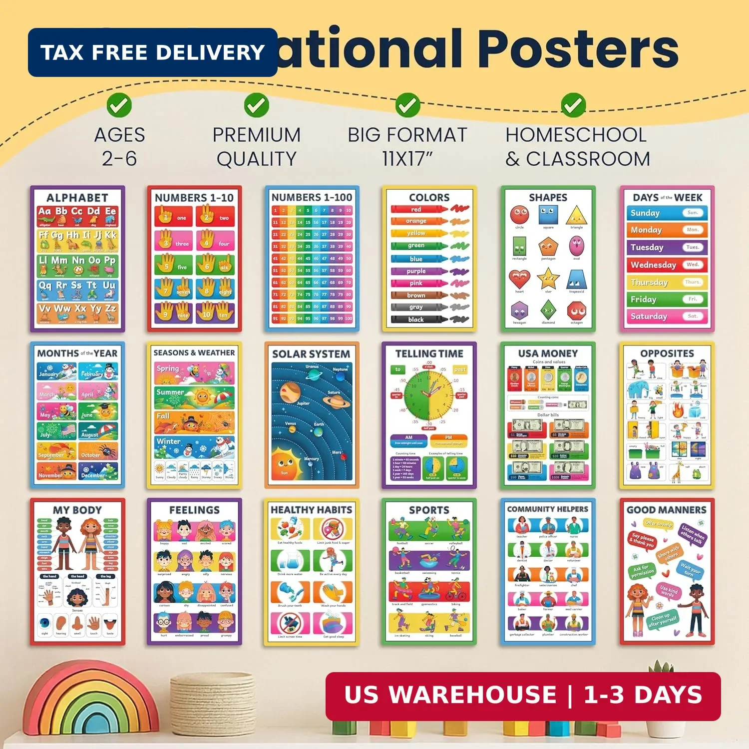 RYVE Educational Posters for Kids – 18 Laminated Preschool Posters for Classroom