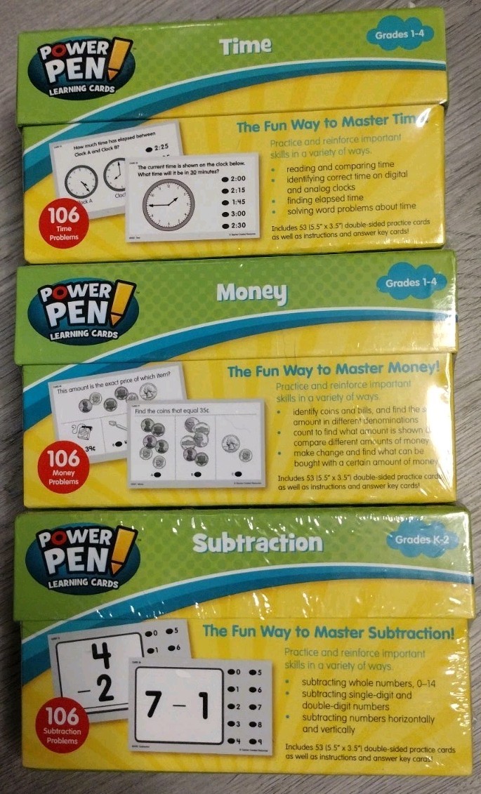Power Pen Learning Cards Time Money Subtraction 160 Cards Each Lot Of 3 Sealed